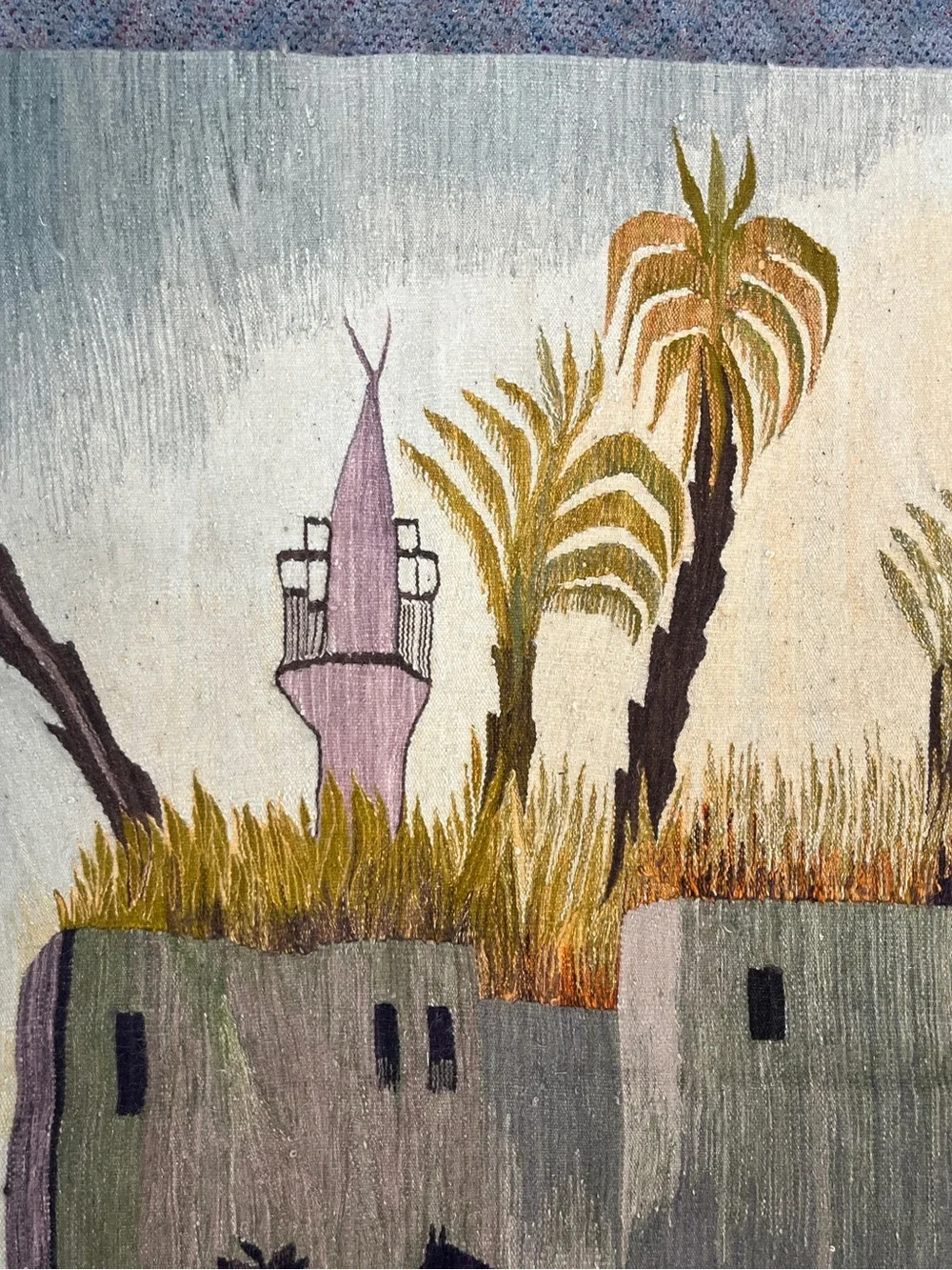 Handwoven Scenic Tapestry Wall Decor in Pastel Greens and Pinks 58x82”